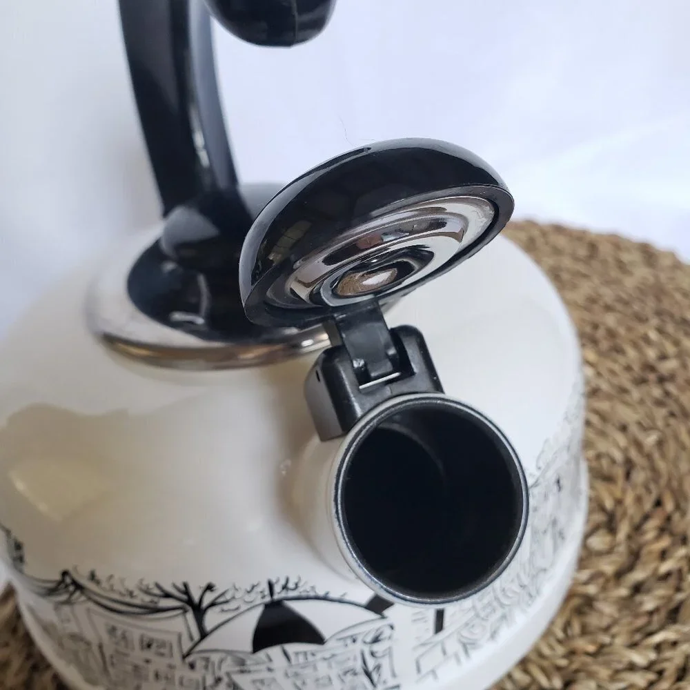 Mikasa Parisian Scenes Whistling‎ Tea Kettle Pot Enameled White Black